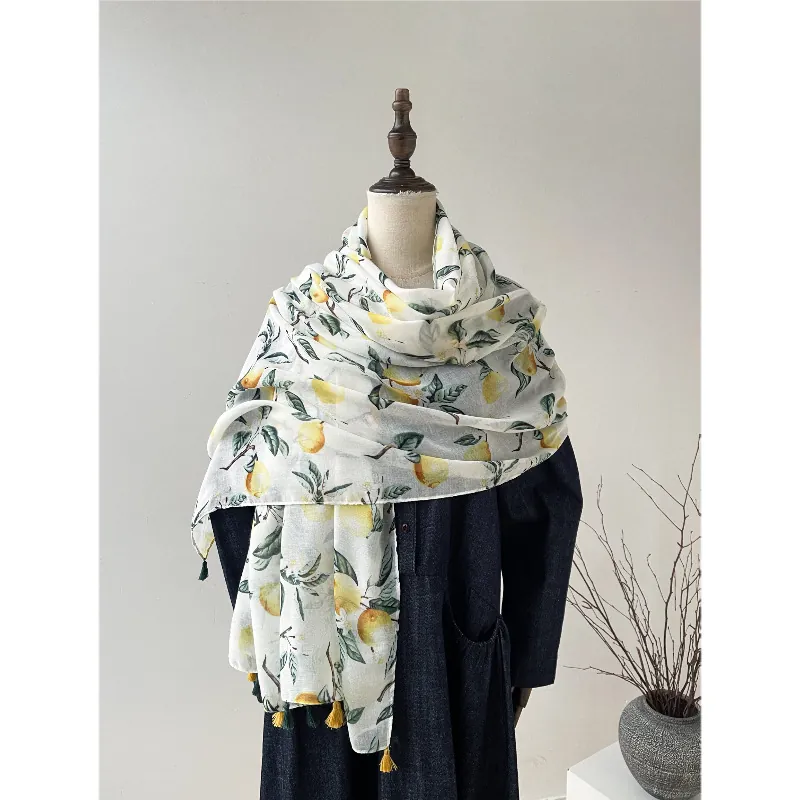 Écharpe de Mode pour Femmes Imprimé Citron Avec Glands Mélange Coton Lin Protection Solaire Été Châle de Plage Léger