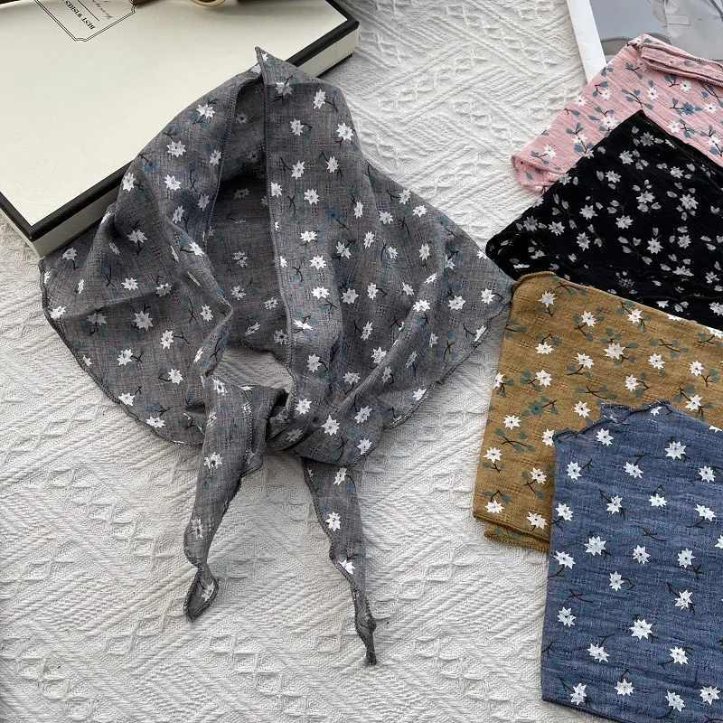 Vintage Floral Cotton Linen Triangle Headscarf Women Sweet Retro Flower Print Scarf Bandana Hair Tie Neck Scarf Accessories
