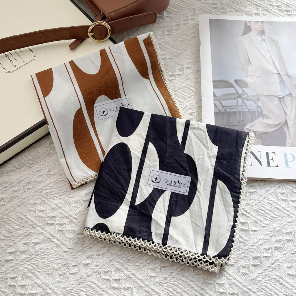 Carré en Coton Vintage Français pour Femmes Avec Bordure en Dentelle Imprimé Feuilles Abstraites Géométriques Foulard Cou