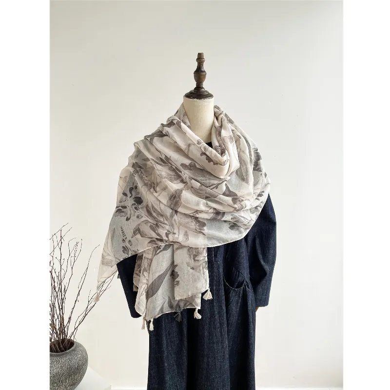 Women's Vintage Cotton Linen Floral Scarf Elegant Lightweight Sun Protection Shawl Wrap With Tassels For Daily Commuting