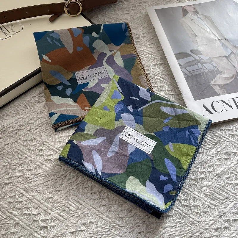 Foulard Carré en Coton pour Femmes Imprimé Floral Feuilles Abstraites Bandeau Cheveux Multi-usage Écharpe de Cou Mode