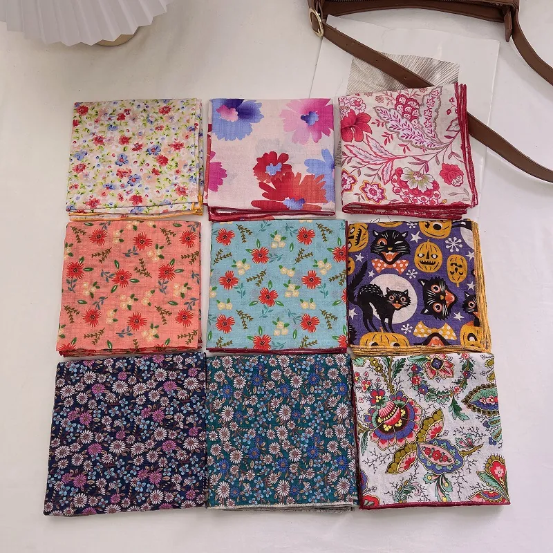 Mode Koreanischer Stil Weiche Baumwolle Quadratisches Tuch Blumenmuster Kopftuch Retro Urlaub Reise Haar Bandana Halstuch Für Damen