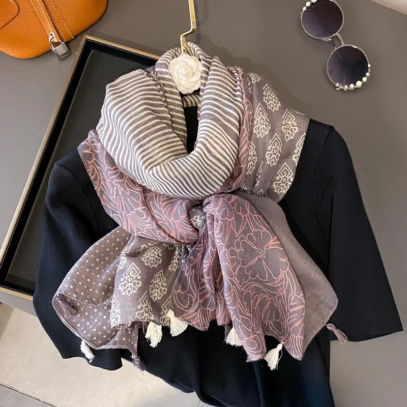Women Floral Printed Shawl Lightweight Tassel Sun Protection Scarf Bohemian Geometric Stripe Patchwork Wrap Beach Accessories