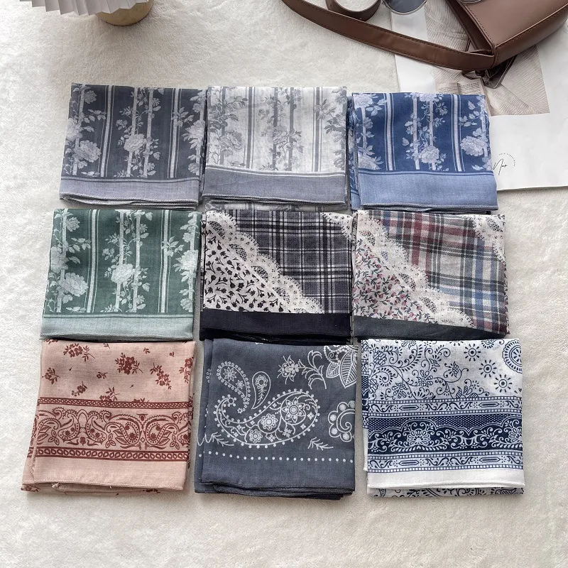 Vintage Floral Paisley Cotton Linen Square Scarf For Women Soft Breathable Decorative Neck Scarf Head Scarf Handkerchief Accessory