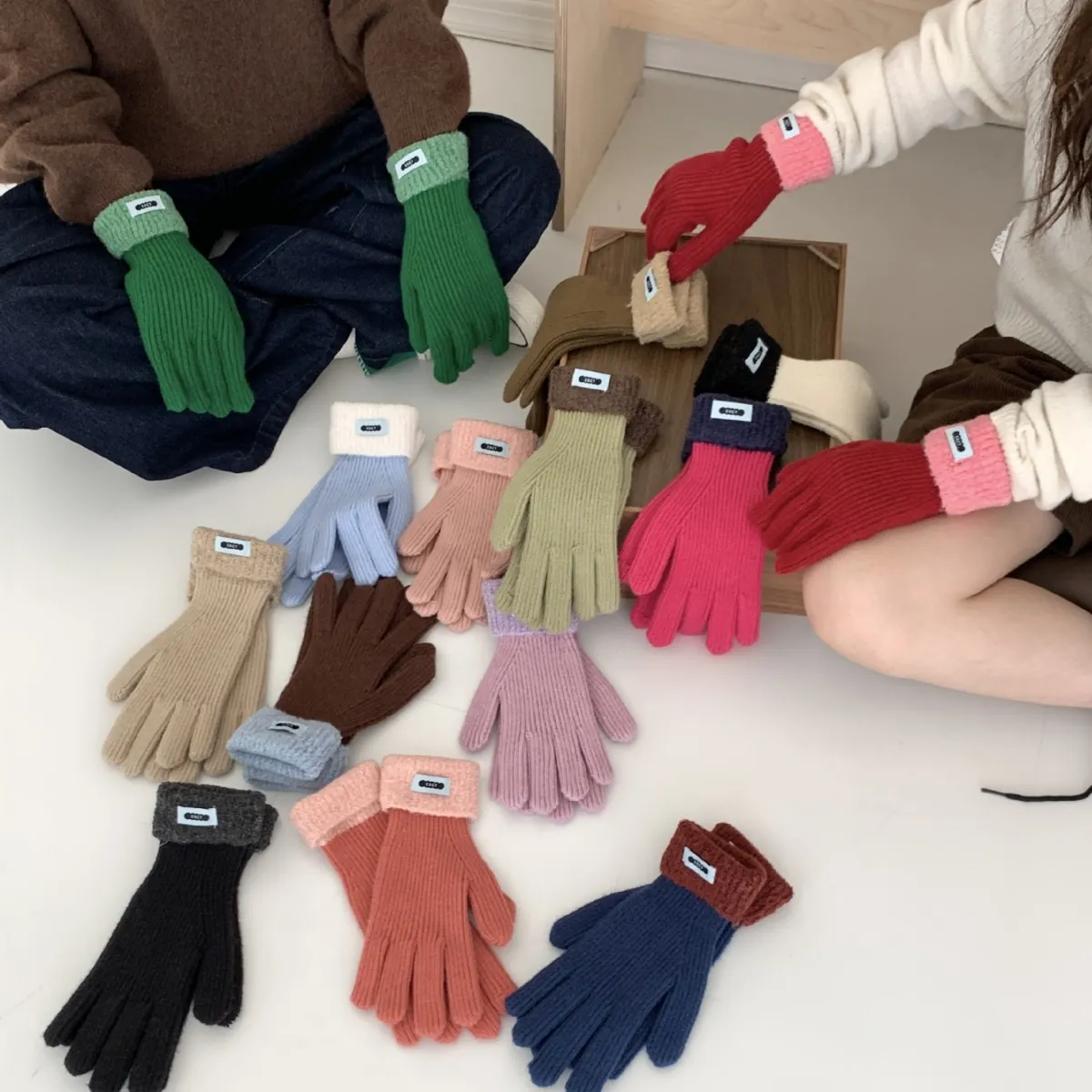 Damen Koreanischer Stil Gestrickte Fingerhandschuhe Winter Warm Farbblock Gerippte Bündchen Patchwork Süß Mode Erwachsene Handschuhe