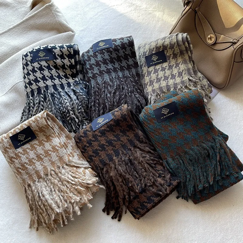 Damen Vintage Hahnentritt Winterschal Wollmischung Dick Warm Schal Mit Quasten Klassisches Geometrisches Muster Elegant Halstuch
