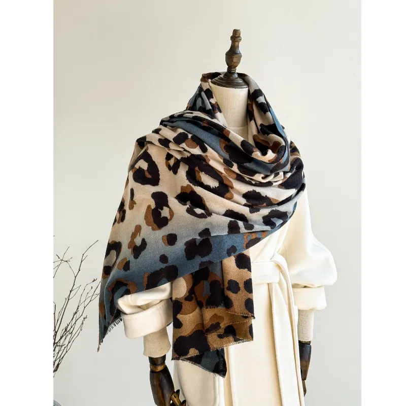 Leopard Print Scarf Women Winter Thick Warm Faux Cashmere Shawl Long Large Wrap With Tassels Fashion Neck Warmer Dual Use