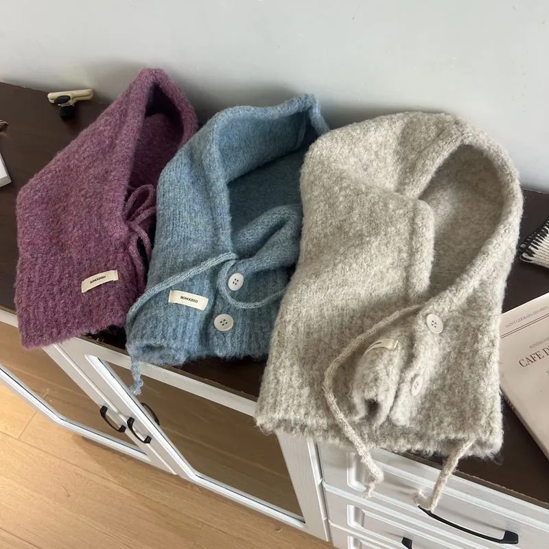 Women Knit Balaclava Hooded Scarf With Buttons Drawstring Wool Blend Thermal Windproof Winter Warm Neck Warmer Integrated Hat