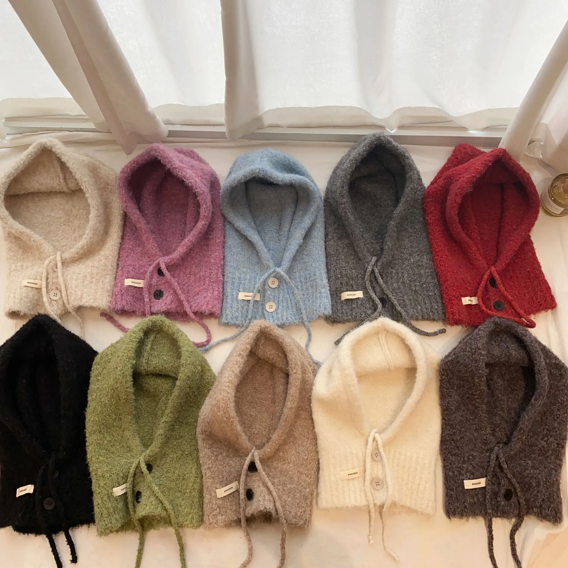 Women Knitted Balaclava Hat Scarf Integrated Warm Winter Hooded Cap With Buttons Drawstring Korean Style Cold Weather