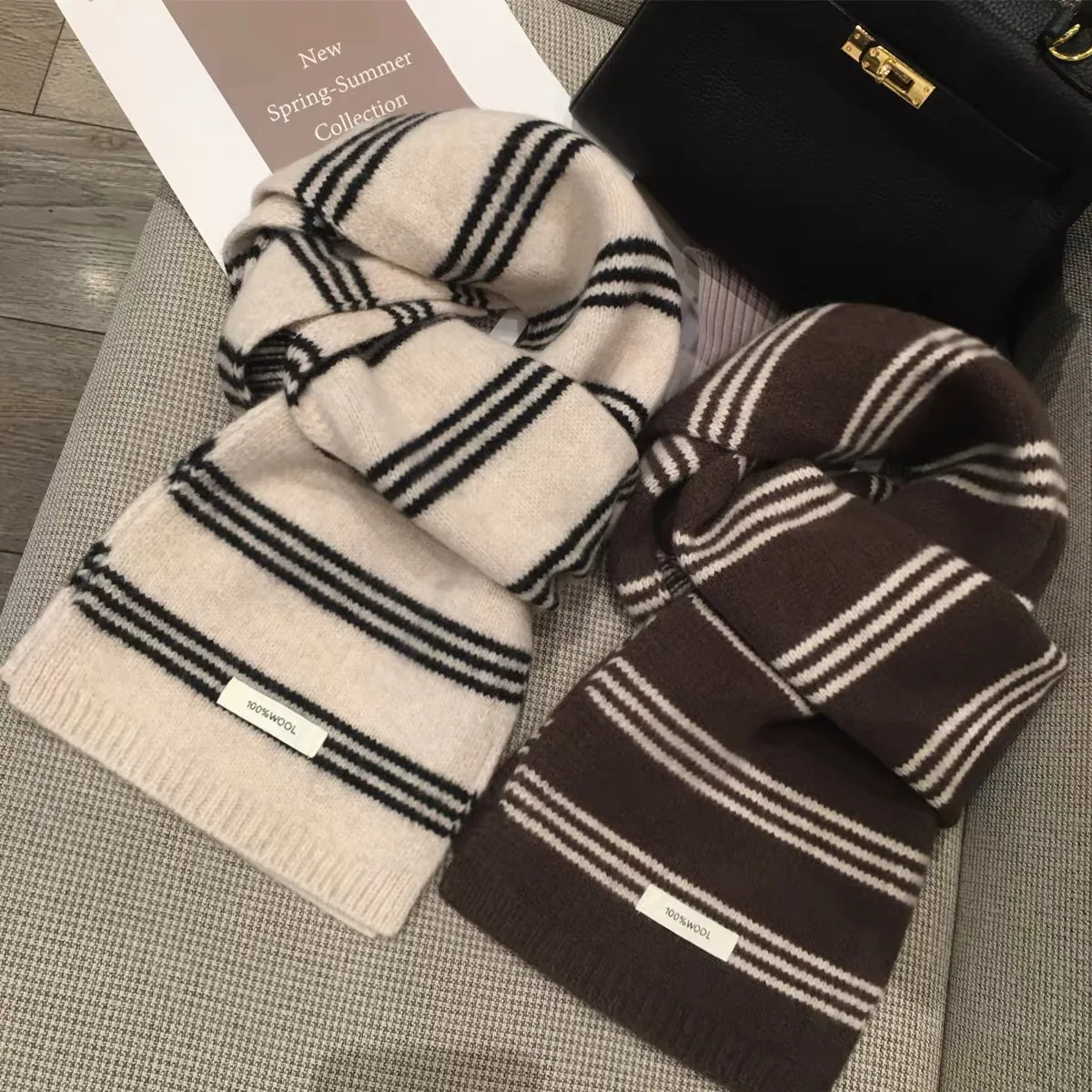Écharpe en Pure Laine à Rayures Style Preppy Unisexe Chaude Écharpe en Tricot d'Hiver Élégant Châle en Laine Minimaliste Mi-Long