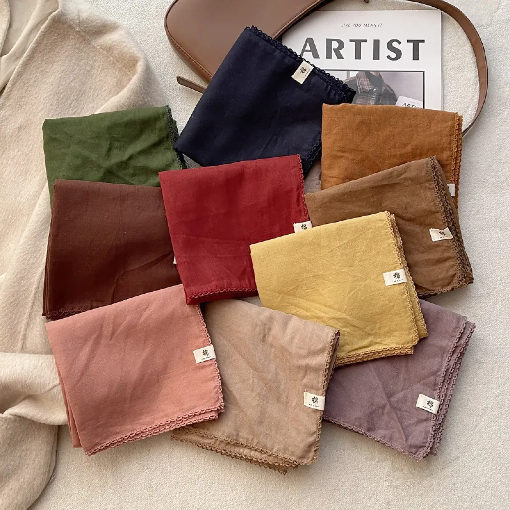 Foulard Quadrato in Cotone Tinta Unita da Donna Scialle a Doppio Strato Con Bordo in Pizzo Foulard Vintage Fascia Capelli