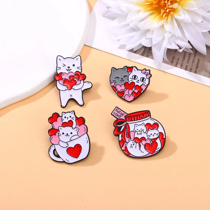 Cute Cartoon Cat Enamel Brooches Zinc Alloy Heart Coffee Cup Glass Jar Badges For Backpack Clothes Hat Sweet Decoration