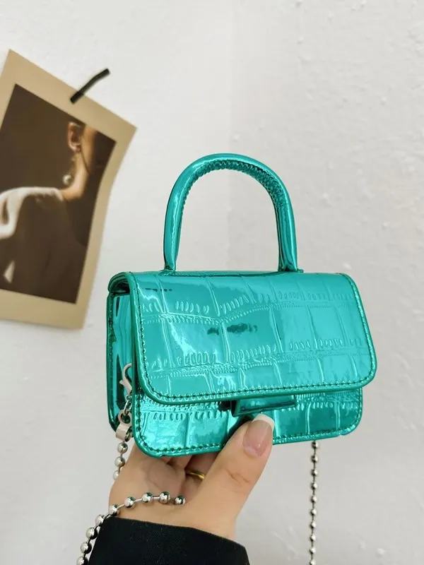 Kids Girls Mini Metallic Crocodile Pattern Handbag Shiny Laser Chain Crossbody Bag Toddler Small Square Bag Fashion Accessory Gift