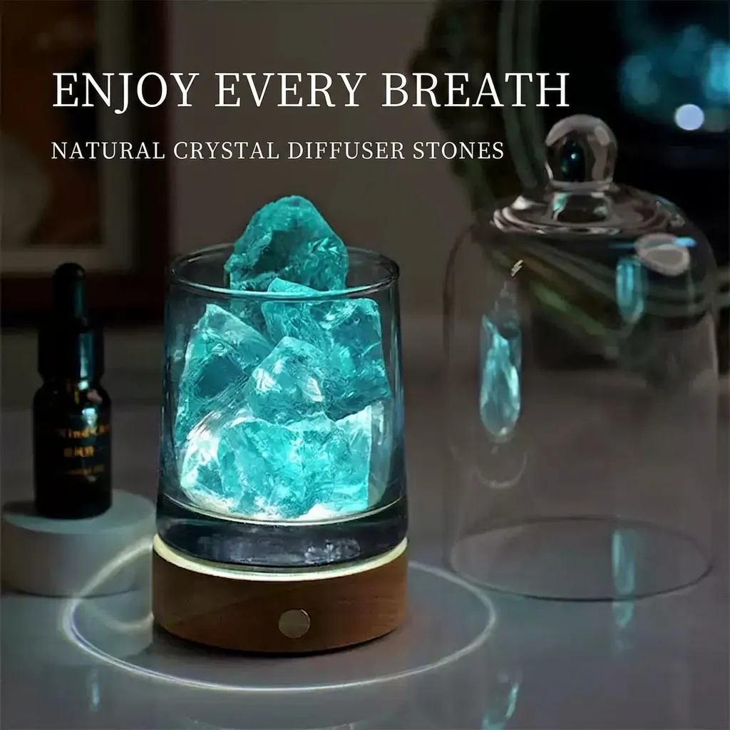 Natural Crystal Stone Glass Cup Wood Base Essential Oil Aromatherapy Diffuser Lamp LED Touch Control Night Light Home Decor