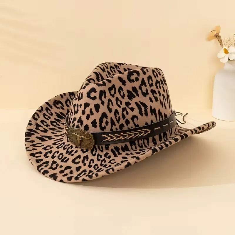 Western Cowboy Hat Woolen Leopard Print Wide Brim Fedora With Bull Head Star Rivet Belt For Women Outdoor Travel Fashion