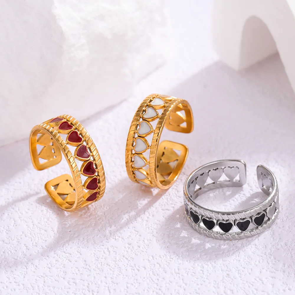 Anello Aperto Regolabile in Acciaio Inossidabile 304 per Donna Placcato Oro Cuore Cavo Smalto Goccia D'olio Gioielli Moda