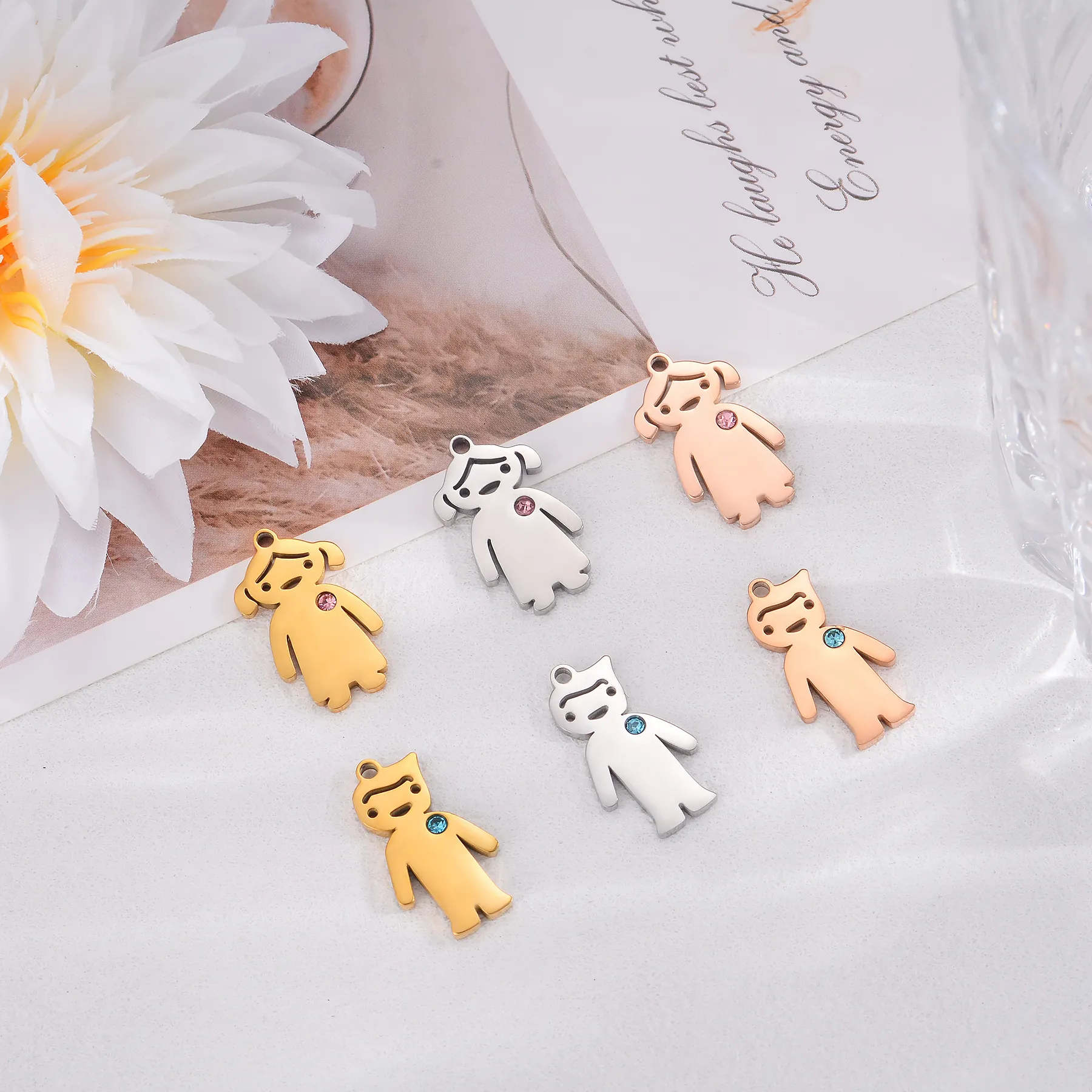 Stainless Steel Cartoon Boy Girl Pendants With Rhinestone DIY Jewelry Accessories Charms For Necklace Bracelet Making