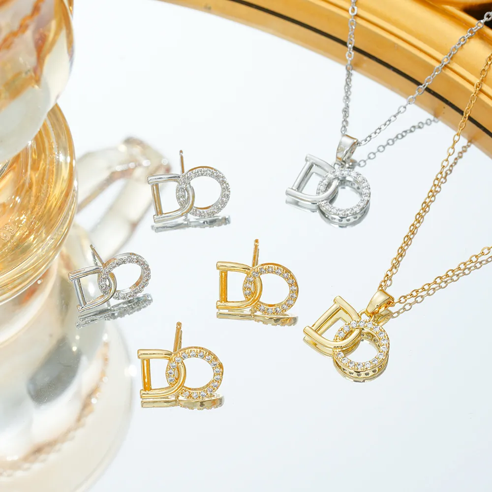 Geometric Titanium Steel Zirconia Necklace And Earring Set Interlocking Circle Letter D Gold Silver Plated Jewelry For Women