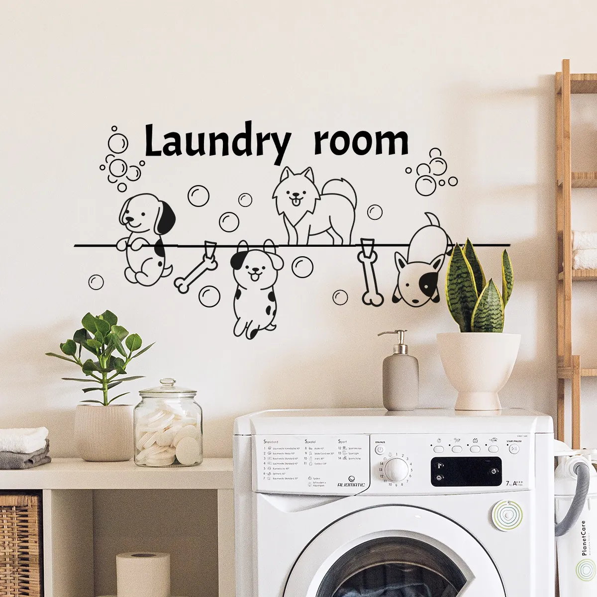 Sticker Mural Buanderie Chiens Dessin Animé PVC Autocollant Imperméable Lettrage Noir Bulles Os Motifs Décoration Murale Maison