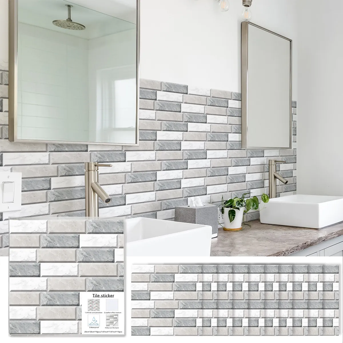 Marble Look Mosaic Tile Stickers For Bathroom Kitchen Waterproof Self Adhesive PVC Wall Decals For Home Renovation DIY