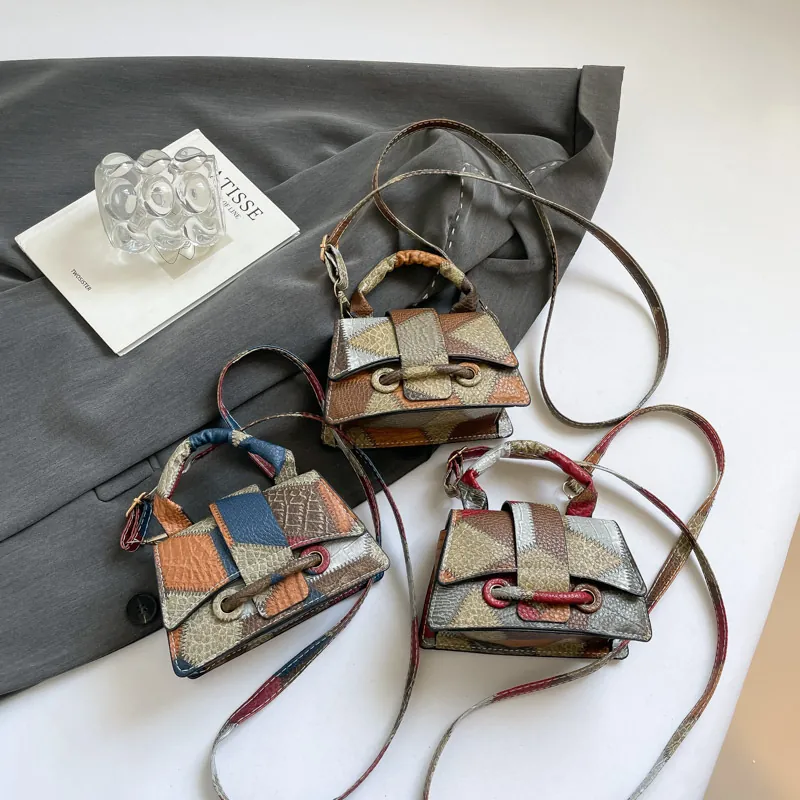 Women Retro Color Block Patchwork PU Leather Mini Square Bag Crossbody Shoulder Handbag Crocodile Snake Pattern Top Handle Purse