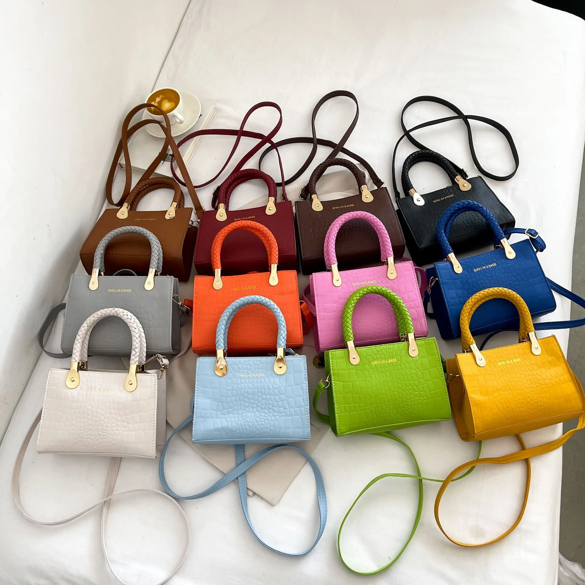 Crocodile Pattern PU Leather Women Small Square Bag Woven Handle Handheld Shoulder Bag Vintage Elegant Crossbody Handbag