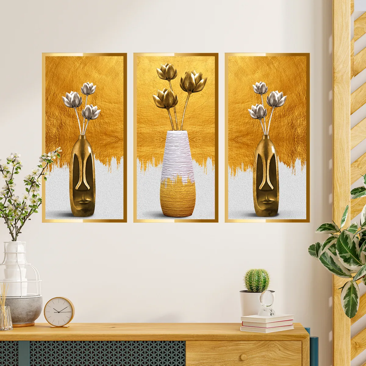 Moderne Abstrakte Vase Blume Wandaufkleber 3D Visuelle PVC Selbstklebende Dekore Gold Silber Floral Kunst Wandbilder