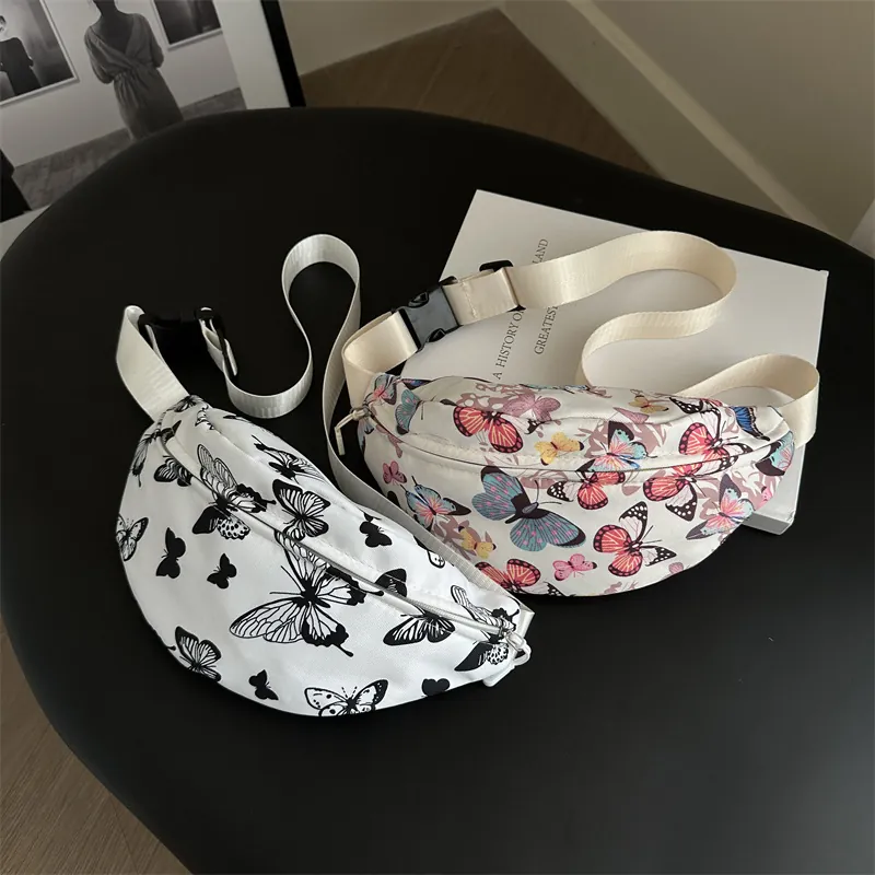 Marsupio con Stampa a Farfalla da Donna in Nylon con Spallacci Regolabili e Chiusura a Cerniera per l'Uso Quotidiano