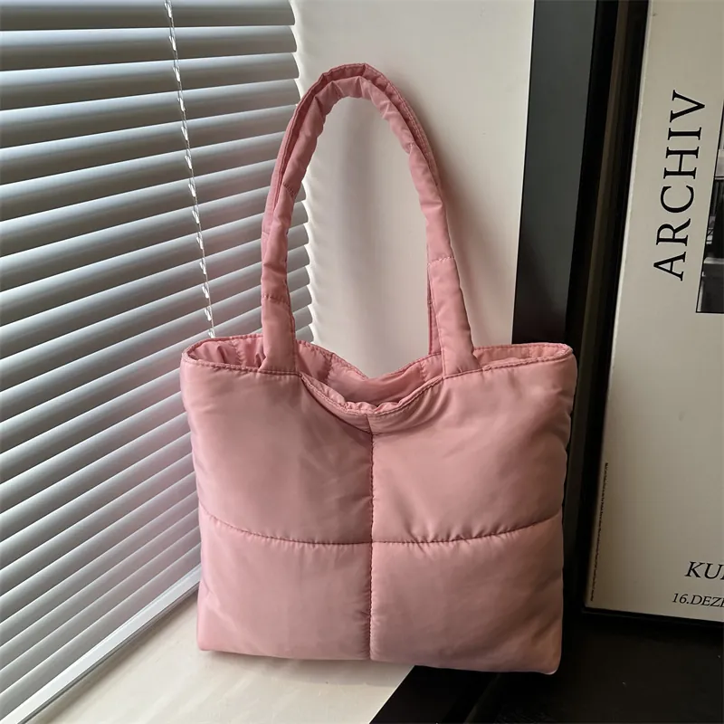 Women's Large Capacity Quilted Puffer Tote Bag Lightweight Nylon Padded Shoulder Bag Solid Square Grid Stitching Handbag
