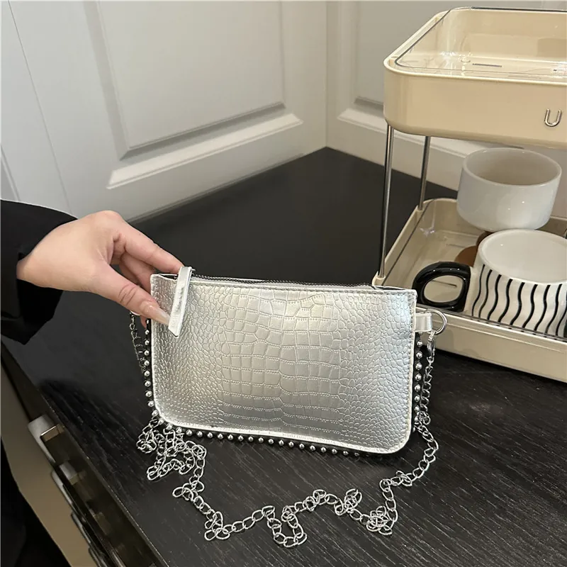 Women Crocodile Pattern PU Leather Underarm Bag Chain Shoulder Crossbody Bag With Rivet Decor Small Square Handbag