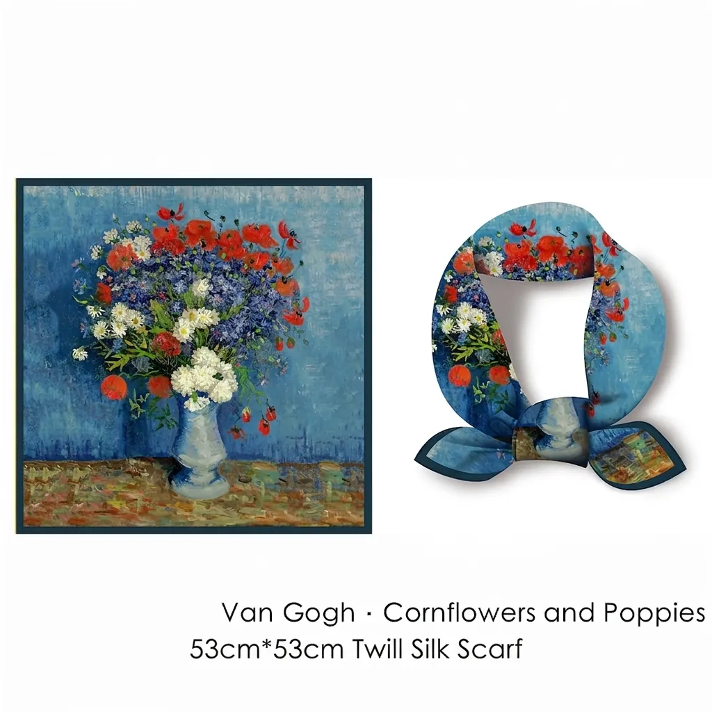 Vintage Oil Painting Rose Vase Pattern Satin Square Scarf Artistic Floral Print Neck Scarf For Women Lightweight Bandana