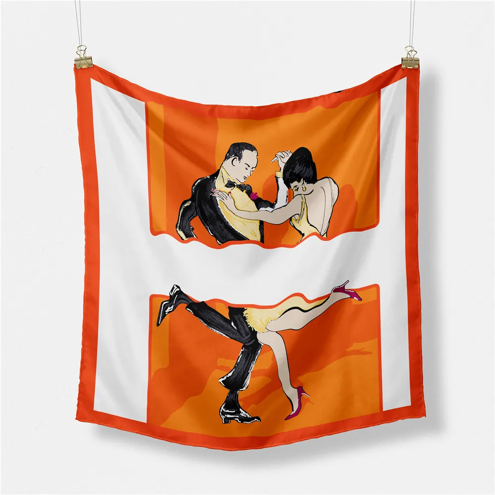 Foulard Quadrato in Raso Con Stampa Danza Retrò per Donna Effetto Seta Foulard da Collo Moda Fantasia Illustrazione Artistica Regalo