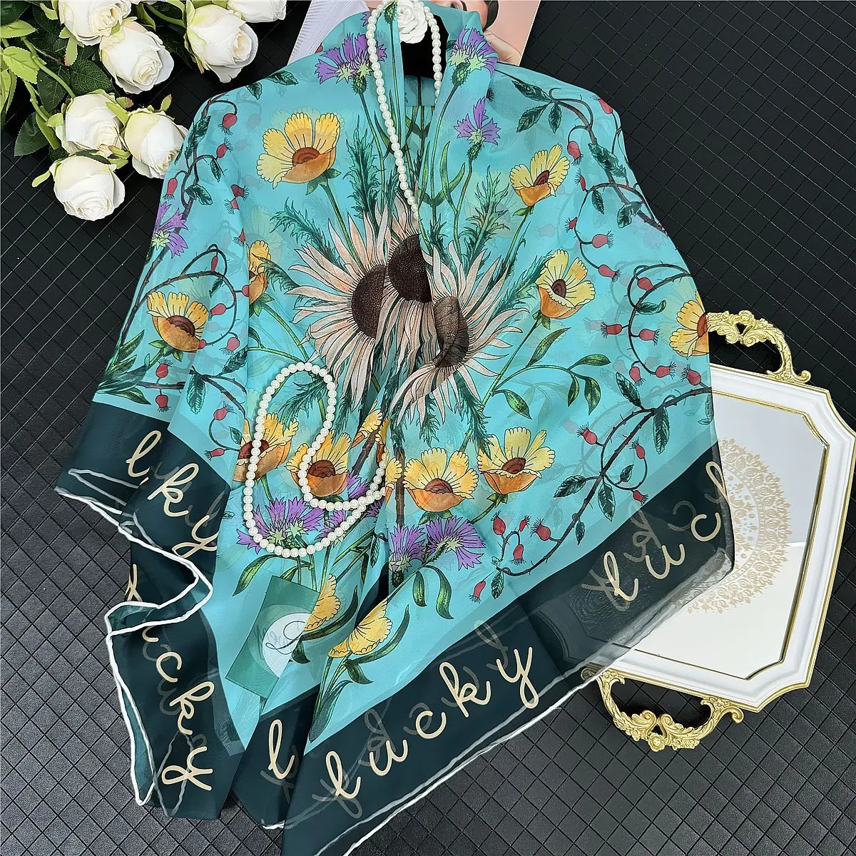 Women's Elegant Floral Print Georgette Scarf Summer Sun Protection Lightweight Shawl With Lucky Lettering Sunflower Pattern