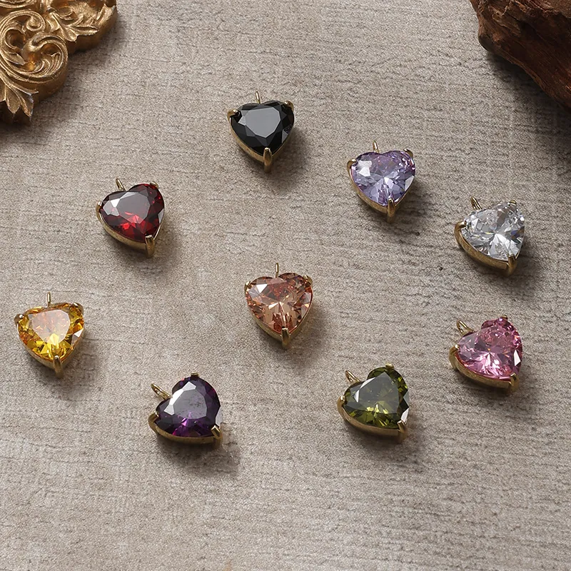 316L Edelstahl Herz Anhänger Zirkonia Geburtsstein Bunt DIY Schmuckherstellung Zubehör Für Damen Halskette Armband PVD Vergoldet