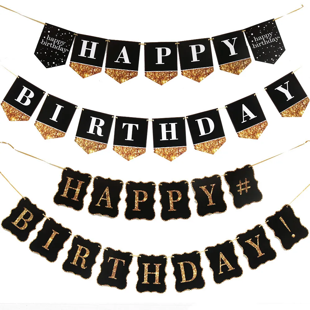 Black Gold Happy Birthday Banner Glitter Paper Bunting Garland Hanging Flag Party Decoration Celebration Supplies