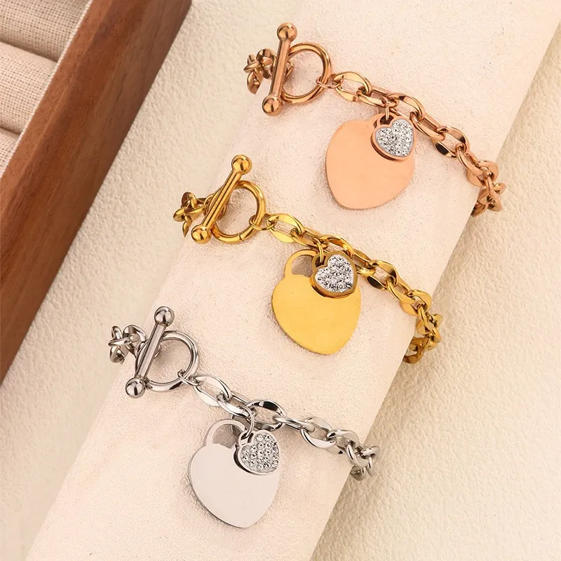 Heart Charm Bracelet Stainless Steel With Zircon Pendant Toggle Clasp Fashion Jewelry For Women