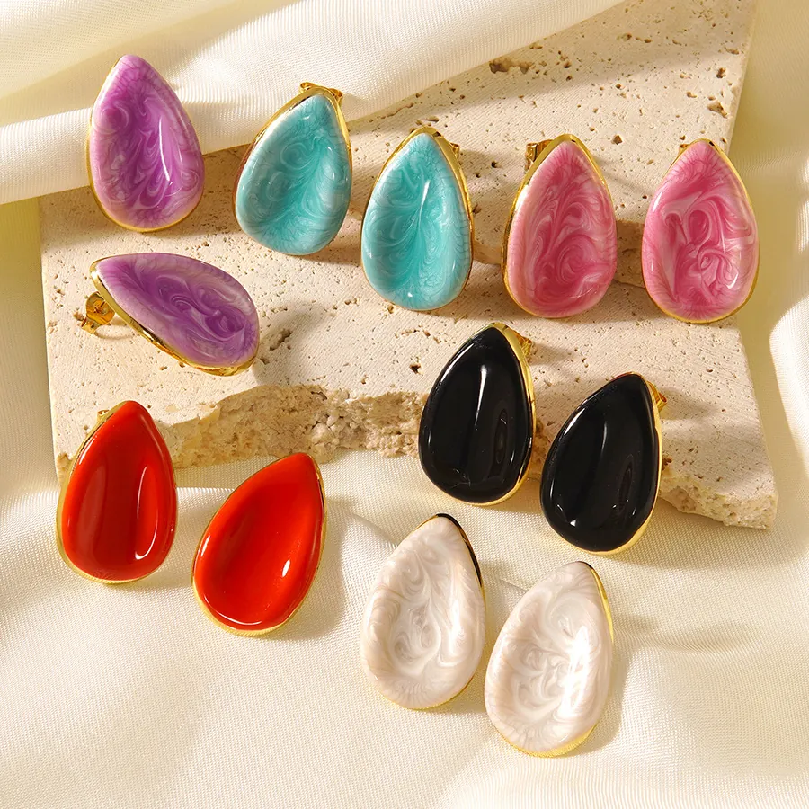 Boucles d'Oreilles Clous en Acier Inoxydable en Forme de Goutte d'Eau Géométrique Émail Marbrure Texture pour Femmes Bijoux Minimalistes