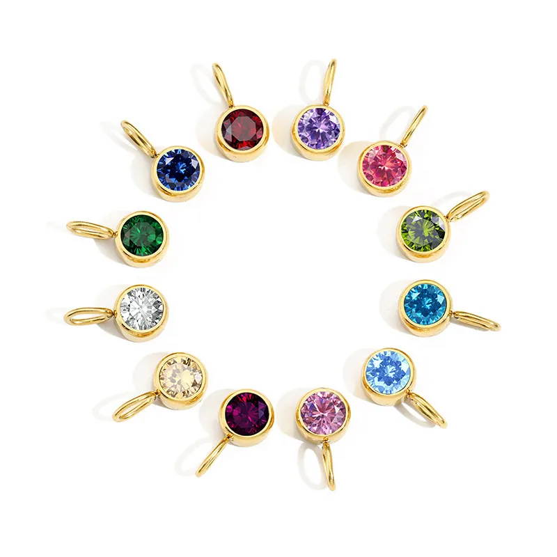 316L Stainless Steel 8mm Birthstone Charms Colorful Rhinestone Round Bezel Pendants For DIY Jewelry Making Accessories
