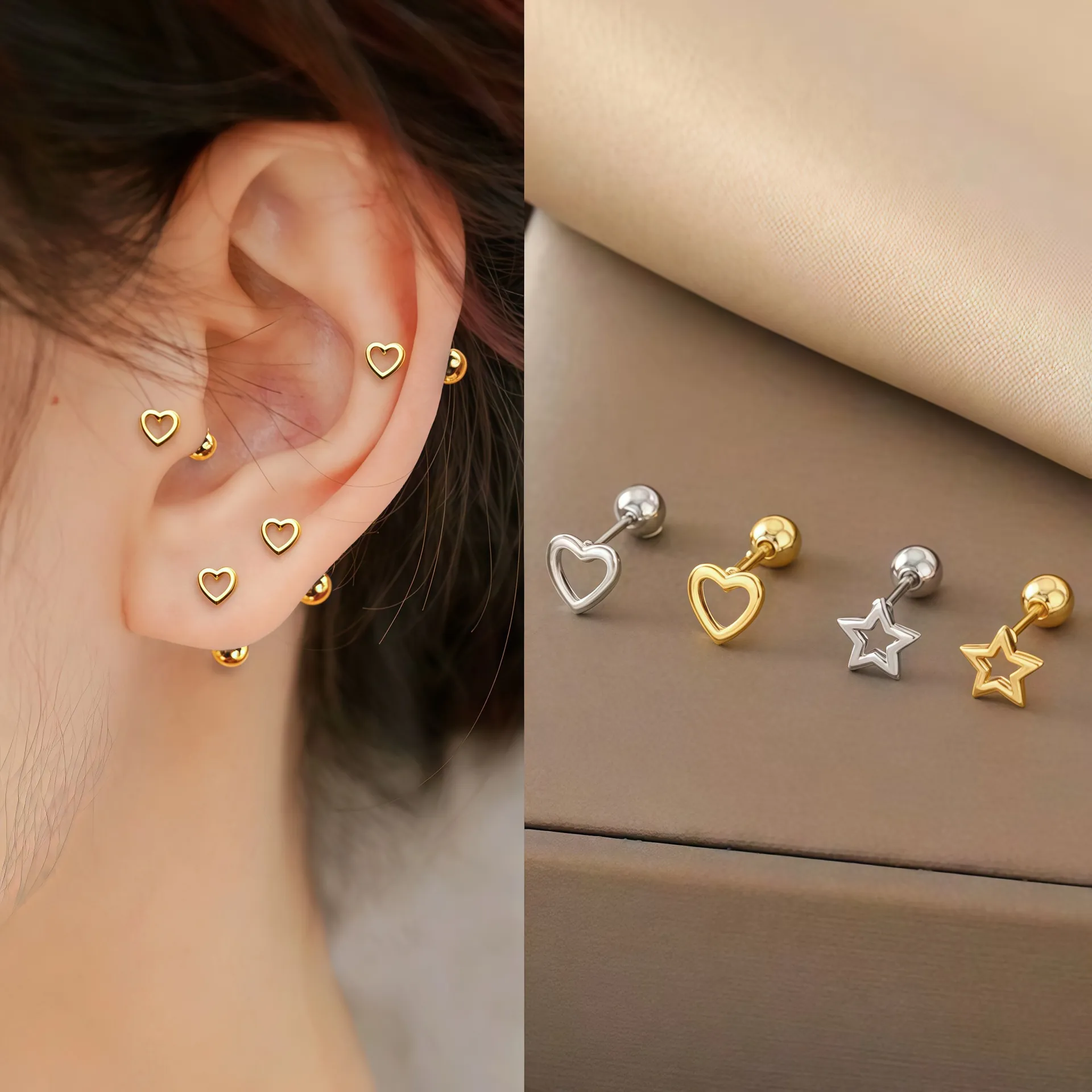 Minimalist Stainless Steel Hollow Heart Star Stud Earrings With Screw Back Gold Silver Plated Tiny Earrings For Women