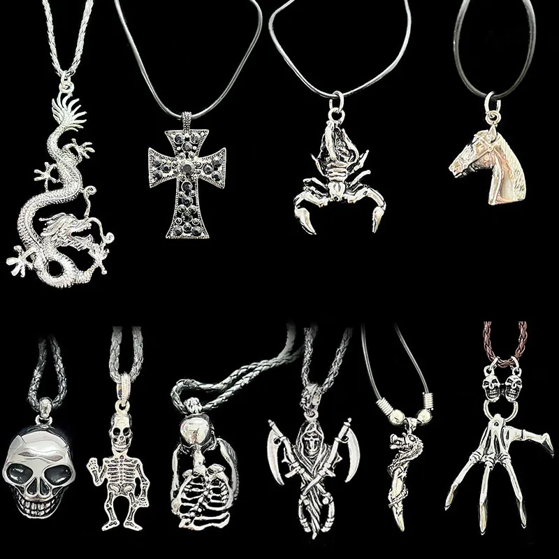 Gothic Punk Zinc Alloy Pendant Necklace With Stainless Steel Chain Skull Grim Reaper Snake Cross Skeleton Halloween Jewelry For Men Women