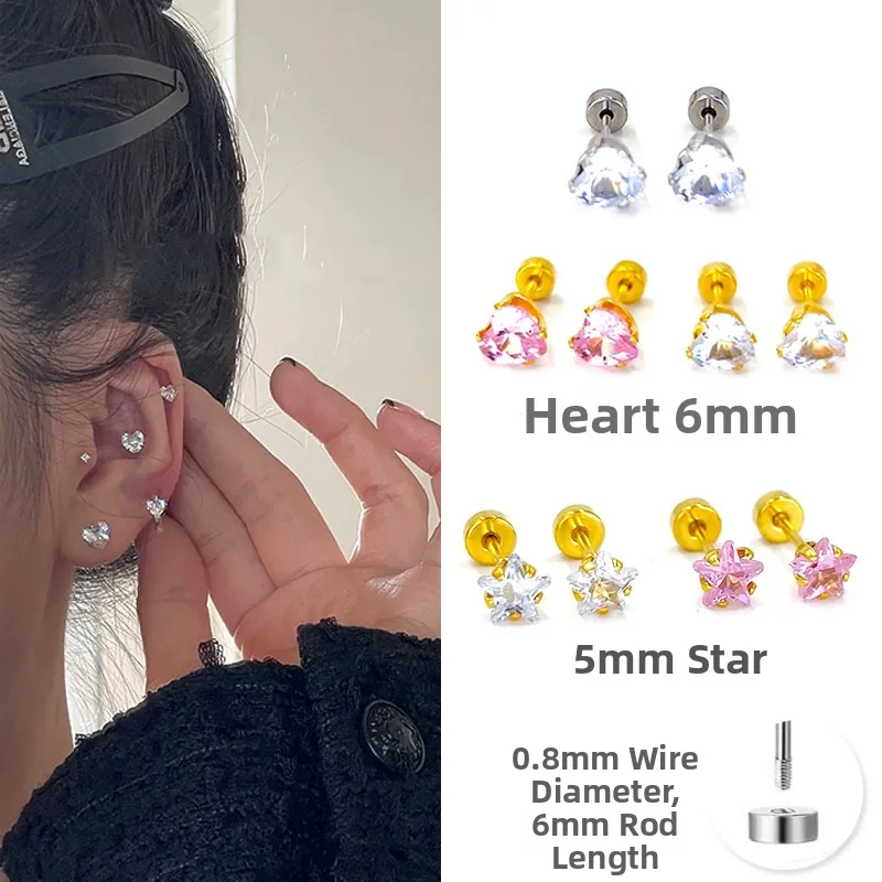 Boucles d'Oreilles Clous Cœur Étoile en Acier Inoxydable Avec Zircone Minimaliste Or Argent Bijoux de Piercing pour Femmes