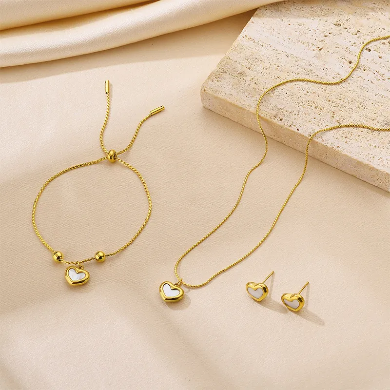 Conjunto Joyas Corazón Acero Inoxidable Nácar Blanco Collar Pulsera Pendientes Tobillera Chapado Oro Mujer Elegante