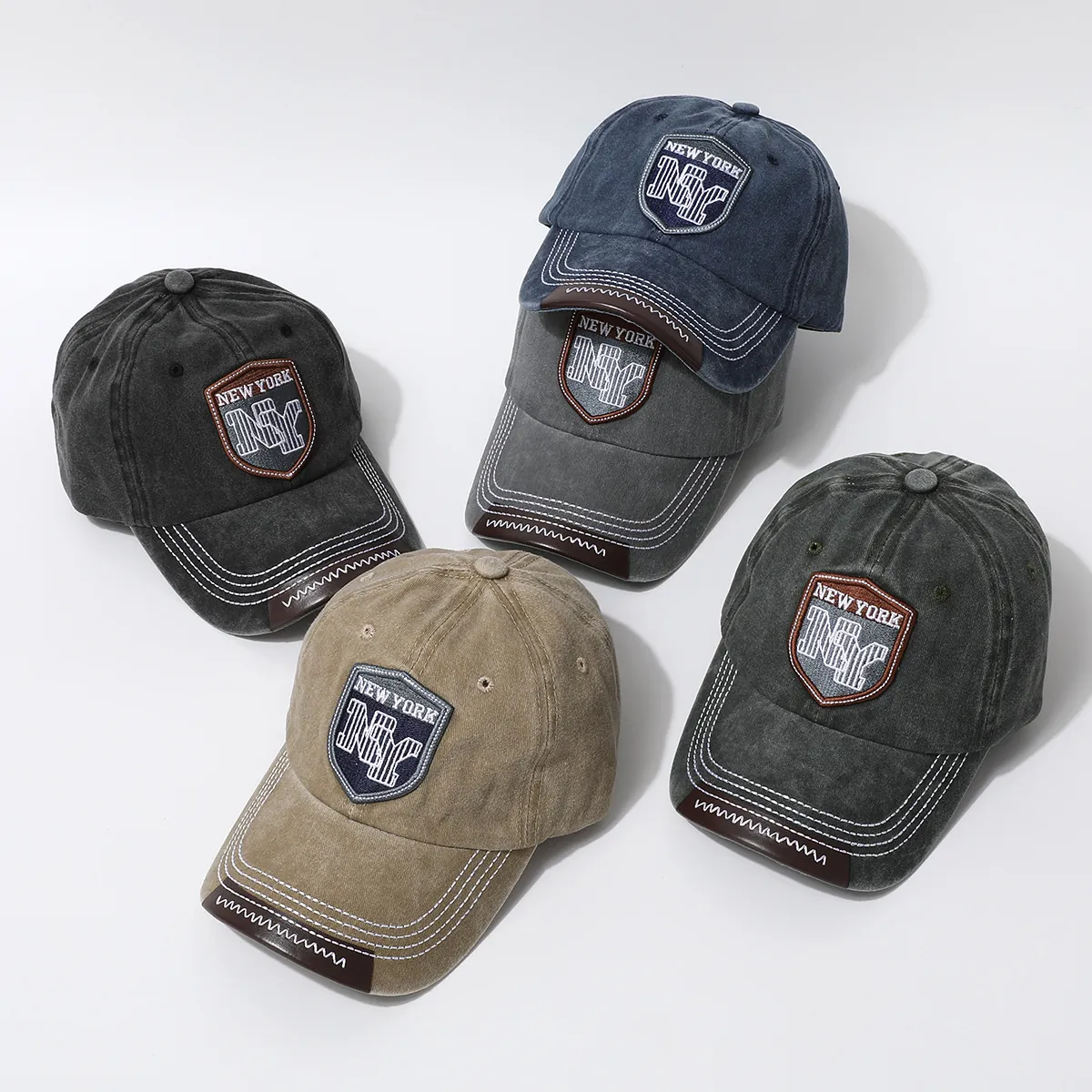 Vintage Washed Cotton Baseball Cap New York Embroidery Distressed Trucker Hat With Leather Edging Adjustable Outdoor Cap