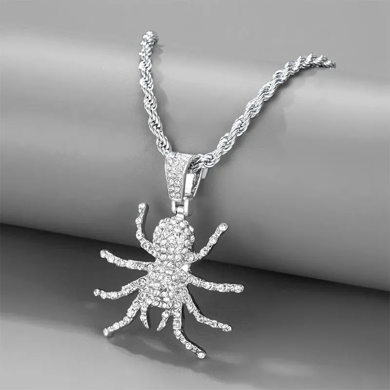 Collier Pendentif Araignée Hip Hop Iced Out Chaîne en Acier Inoxydable Alliage Strass Bijoux Animaux Pour Hommes Cadeau Halloween