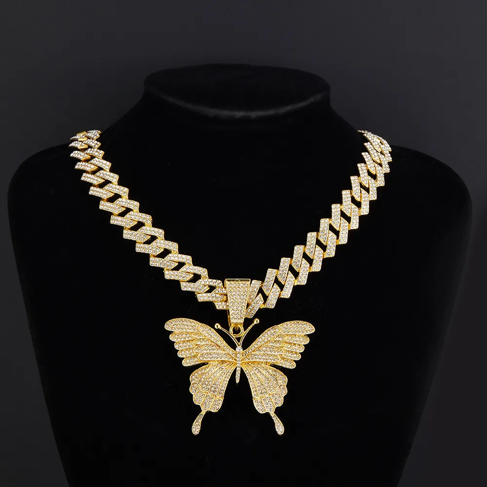 Hip Hop Iced Out Vlinder Hanger Ketting Voor Mannen Vrouwen Koper Zirkonia Bling Cubaanse Schakelketting Streetwear Sieraden Cadeau