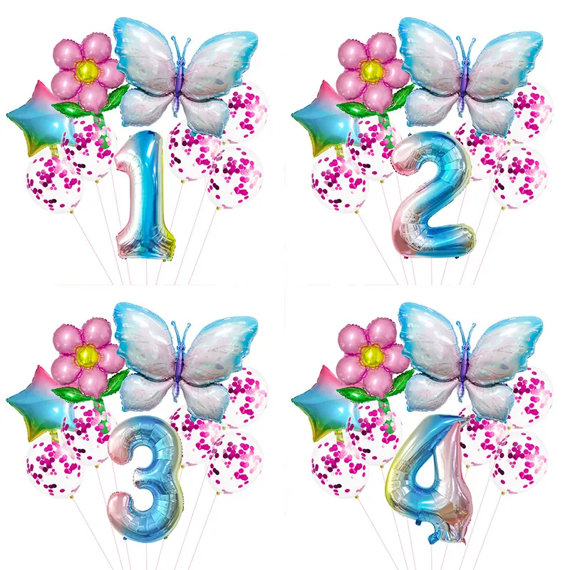 Dreamy Butterfly Number Balloon Kit For Kids Birthday Party Decoration Gradient Aluminum Foil Balloons With Glitter Balloons