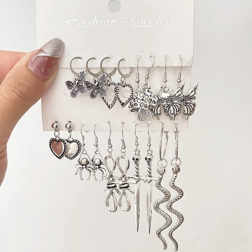 Vintage Silver Alloy Earrings Gothic Punk Butterfly Snake Sword Mushroom Spider Skeleton Halloween Party Jewelry Women