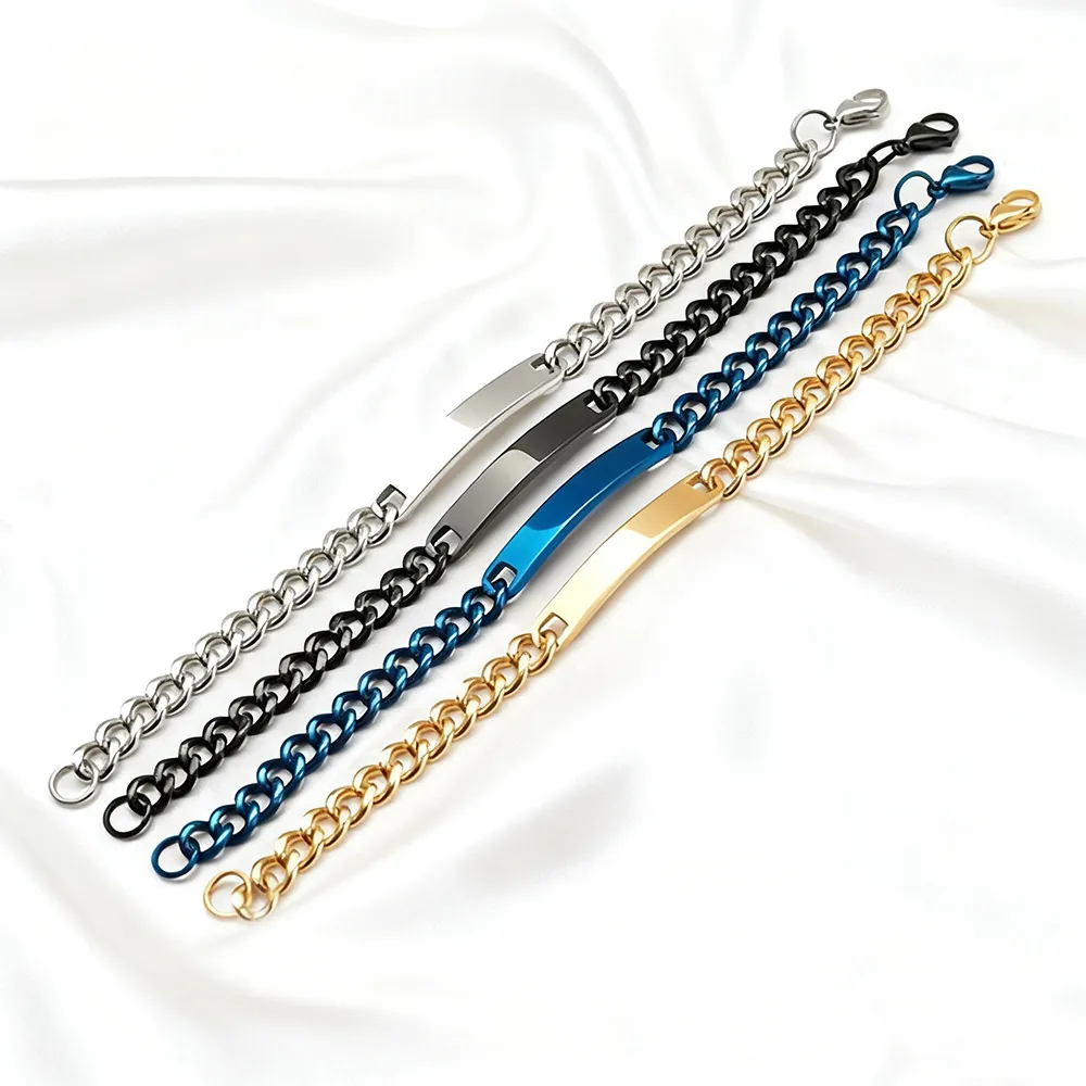 Stainless Steel Couple Bracelet Cuban Link Chain Rectangle Curved ID Plate Minimalist Fashion Jewelry Polished Bangle Gift