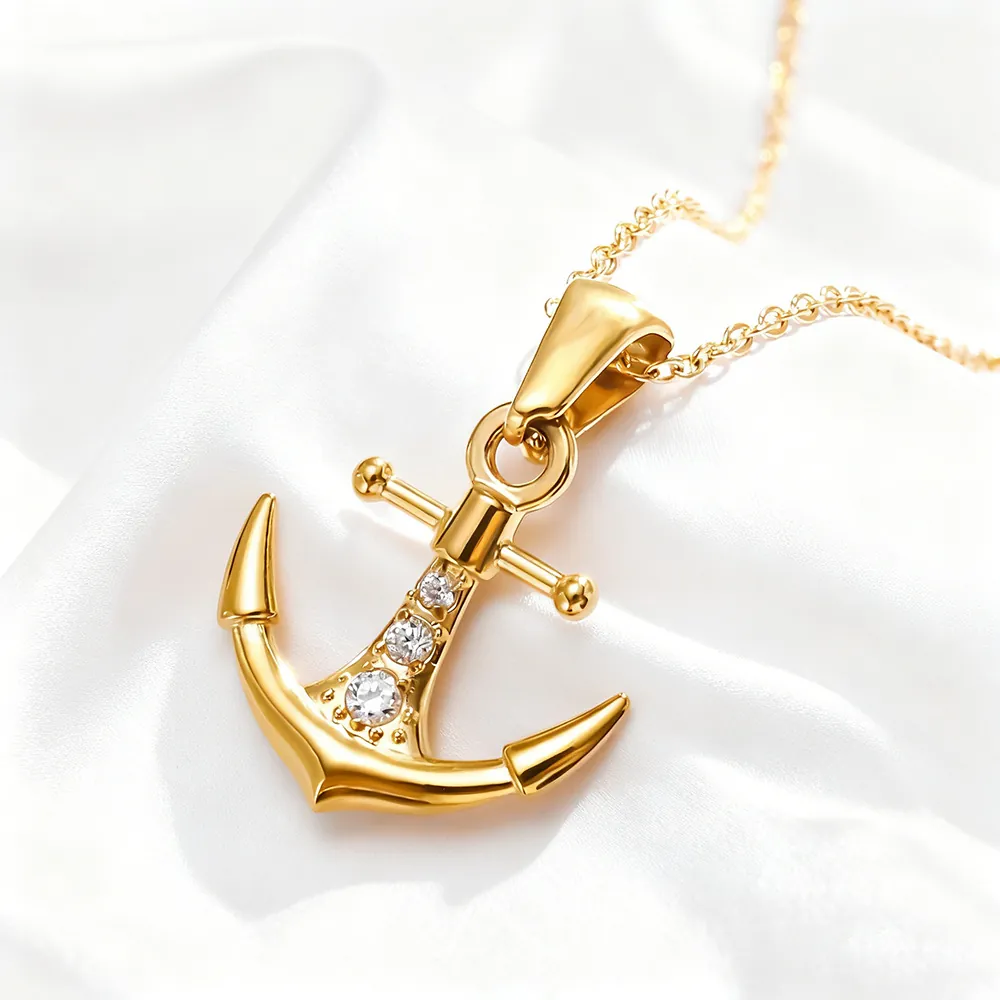 Nautical 304 Stainless Steel Anchor Pendant Necklace For Women Micro-inlaid Zirconia Gold Silver Plated Adjustable Cross Chain Jewelry Gift