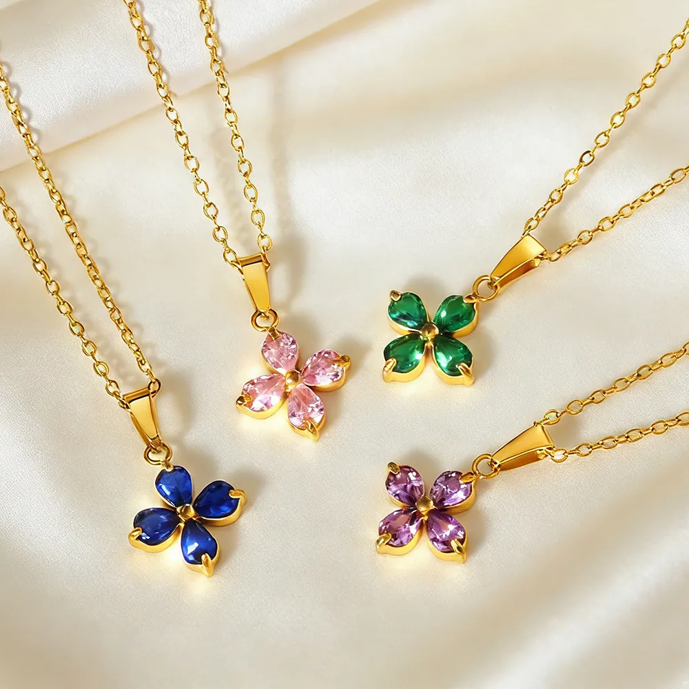 Stainless Steel Four Leaf Clover Zirconia Pendant Necklace 18K Gold Plated Lucky Flower Jewelry For Women Girls Gift